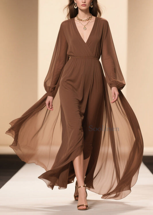 Coffee Wrinkled Chiffon Maxi Dresses V Neck