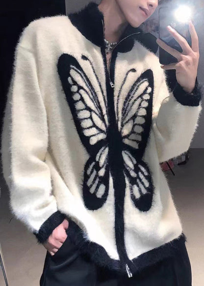 Coffee Zip Up Butterfly Cozy Knit Coat Stand Collar