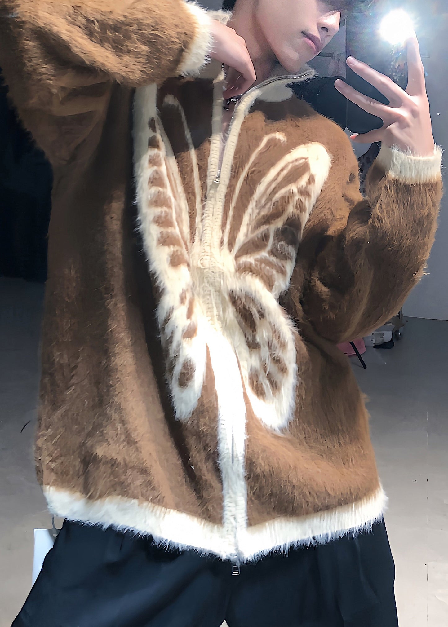 Coffee Zip Up Butterfly Cozy Knit Coat Stand Collar