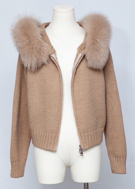 Coffee Zippered Patchwork Knit Spring Coats Hooded