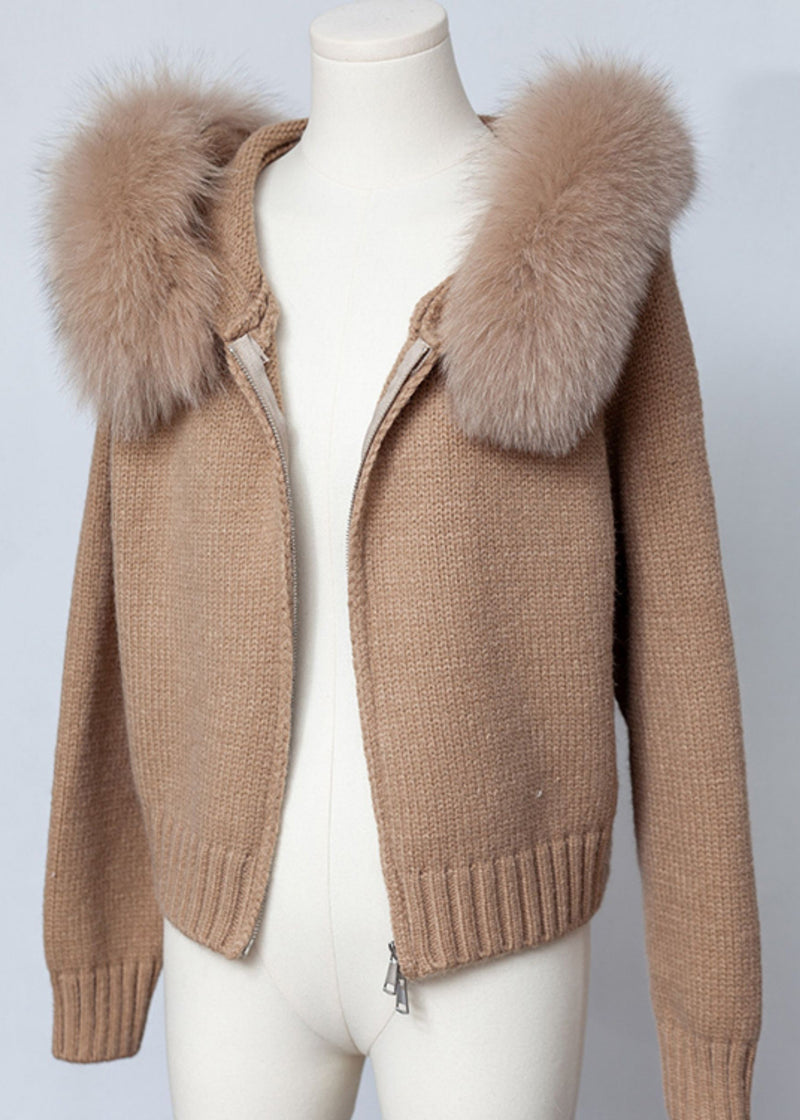 Coffee Zippered Patchwork Knit Spring Coats Hooded