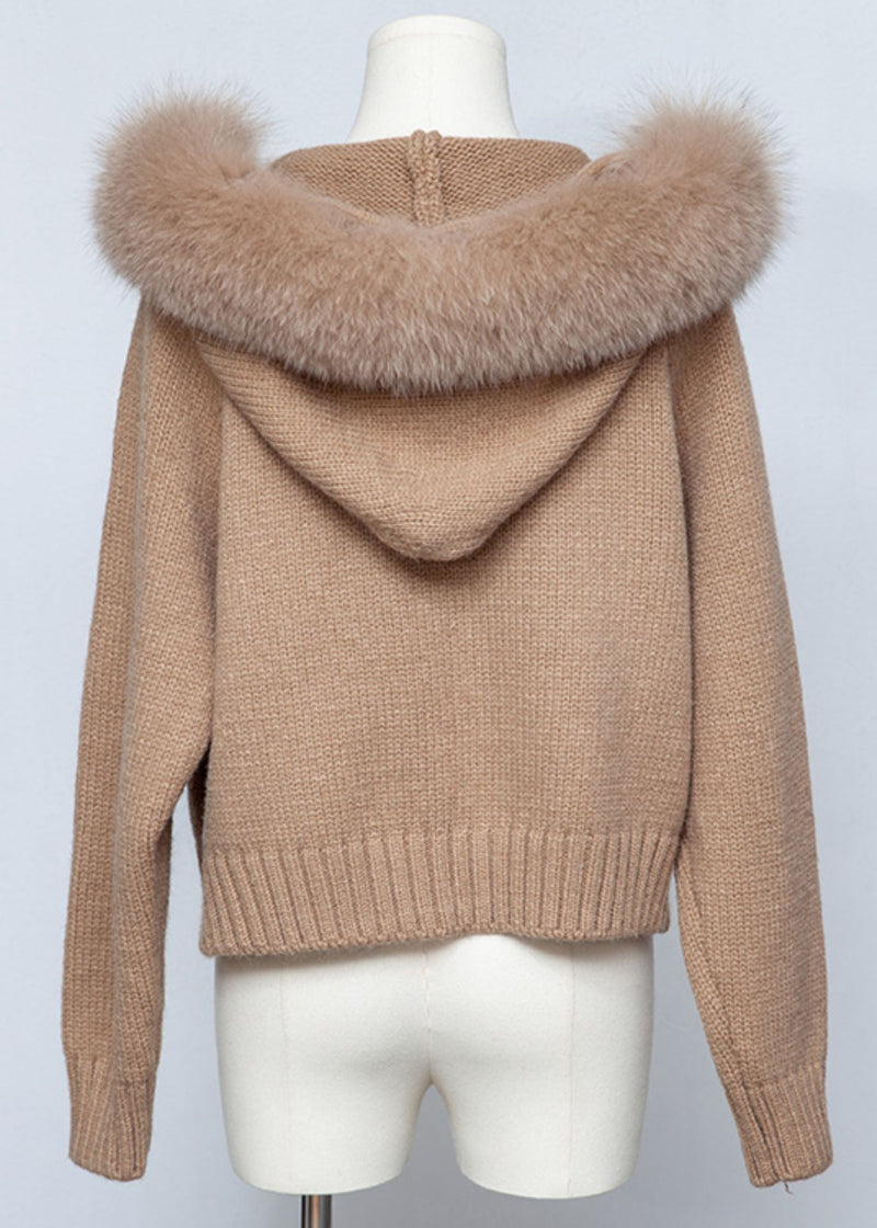 Coffee Zippered Patchwork Knit Spring Coats Hooded