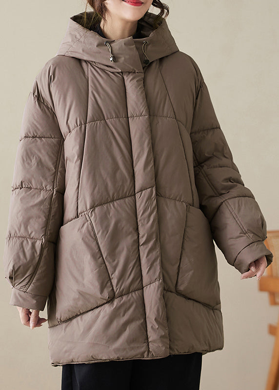 Coffee Zippered Pockets Fine Cotton Filled Parka Hooded Winter