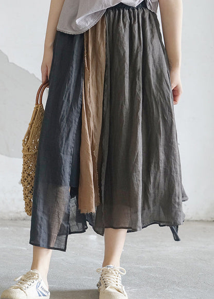 Chocolate Pocket Patchwork Linen Skirt Elastic Waist Spring