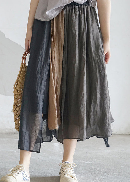 Chocolate Pocket Patchwork Linen Skirt Elastic Waist Spring
