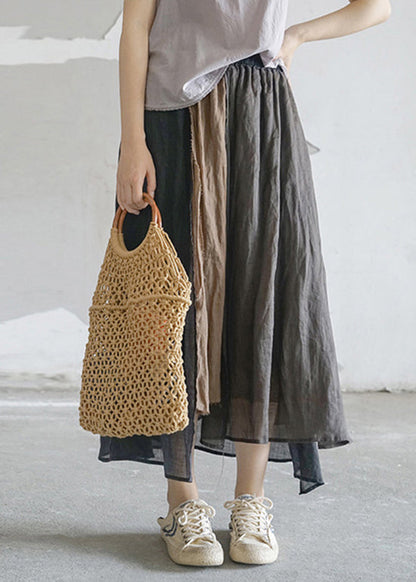 Chocolate Pocket Patchwork Linen Skirt Elastic Waist Spring