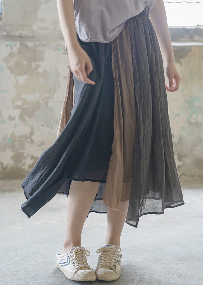 Chocolate Pocket Patchwork Linen Skirt Elastic Waist Spring