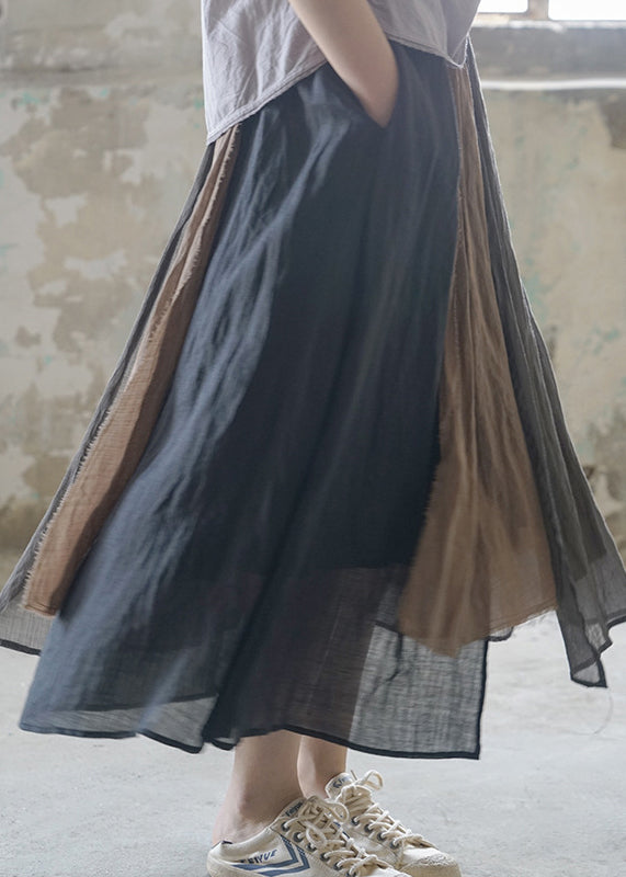 Chocolate Pocket Patchwork Linen Skirt Elastic Waist Spring
