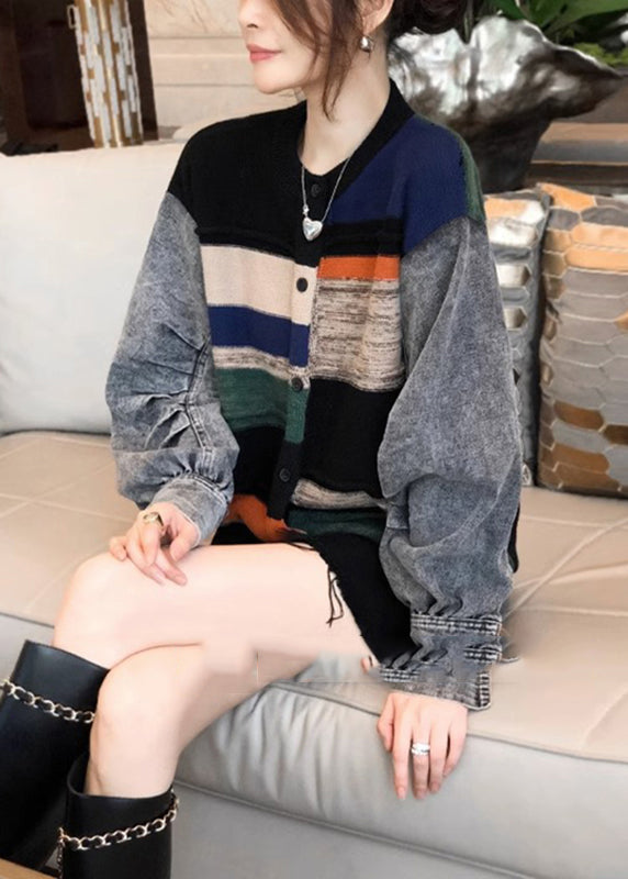 Colorblock Denim Patchwork Knitted Sweater Coat Autumn and Winter