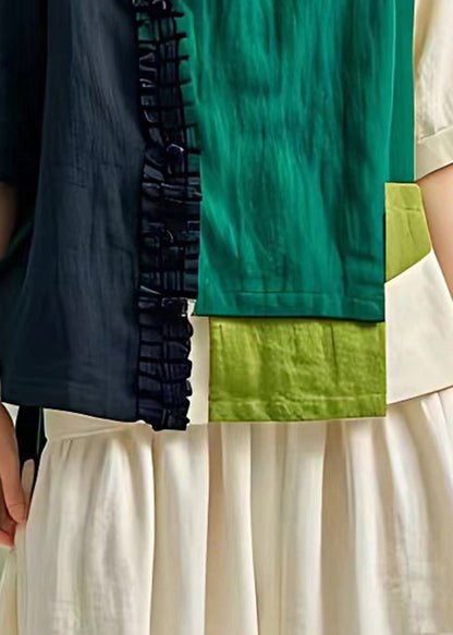 Colorblock Cotton Blend Shirt Top Asymmetrical Design Summer
