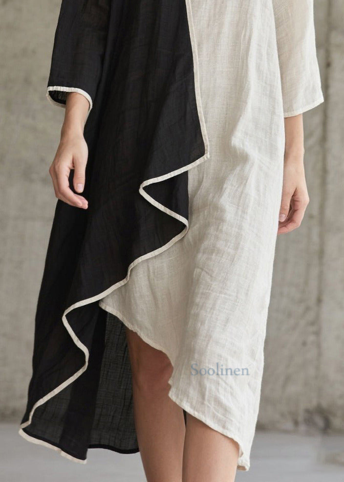 Colorblock Patchwork Cotton Dress Asymmetrical Bracelet Sleeve