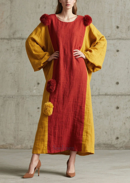 Colorblock Patchwork Cotton Dress Oversized Fuzzy Ball Decorated Lantern Sleeve