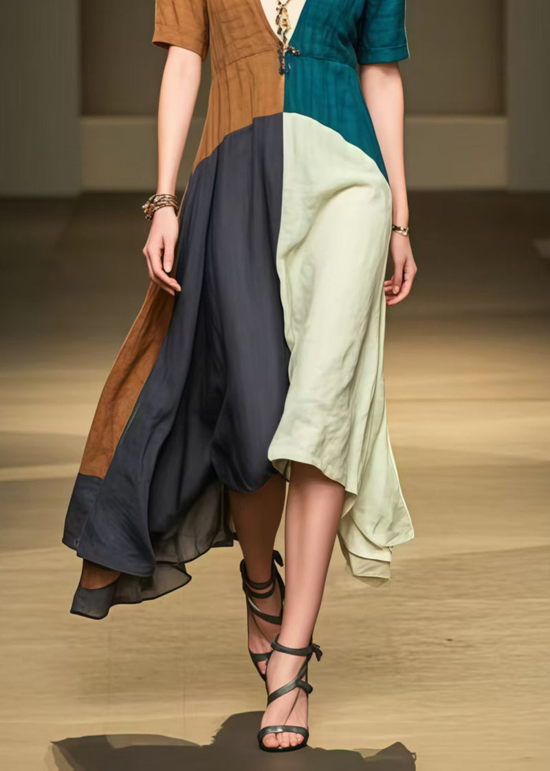 Colorblock Patchwork Cotton Long Dress Deep-v Neck Summer