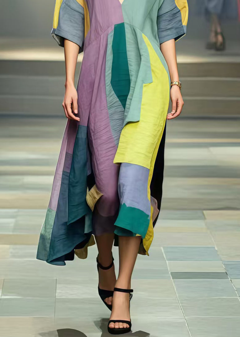 Colorblock Patchwork Cotton Long Dresses Asymmetrical Summer