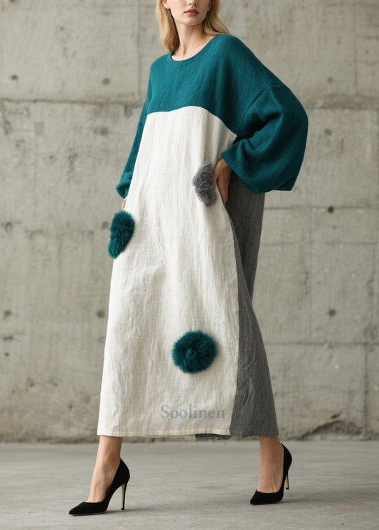 Colorblock Patchwork Cotton Robe Dresses Oversized Fuzzy Ball Decorated Fall