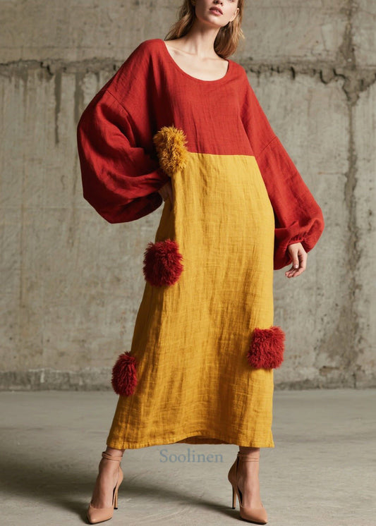 Colorblock Patchwork Maxi Dresses Oversized Fuzzy Ball Decorated Fall