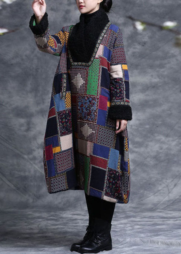 Colorblock Plaid Fine Cotton Filled a Line Dresses Teddy Faux Fur Collar Winter