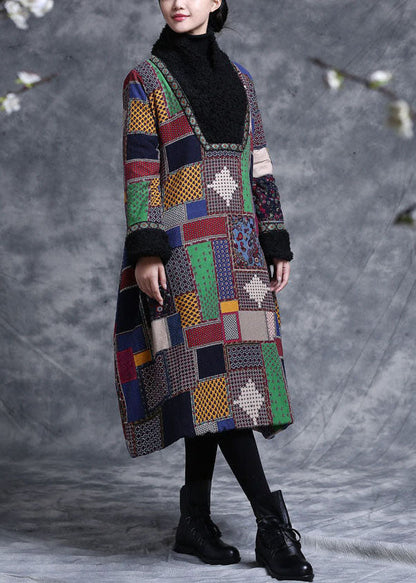 Colorblock Plaid Fine Cotton Filled a Line Dresses Teddy Faux Fur Collar Winter