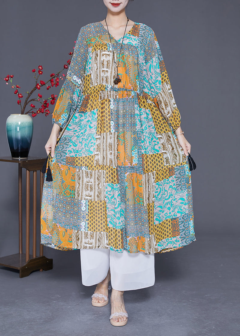 Colorblock Print Slim Fit Chiffon Maxi Dress Exra Large Hem Summer