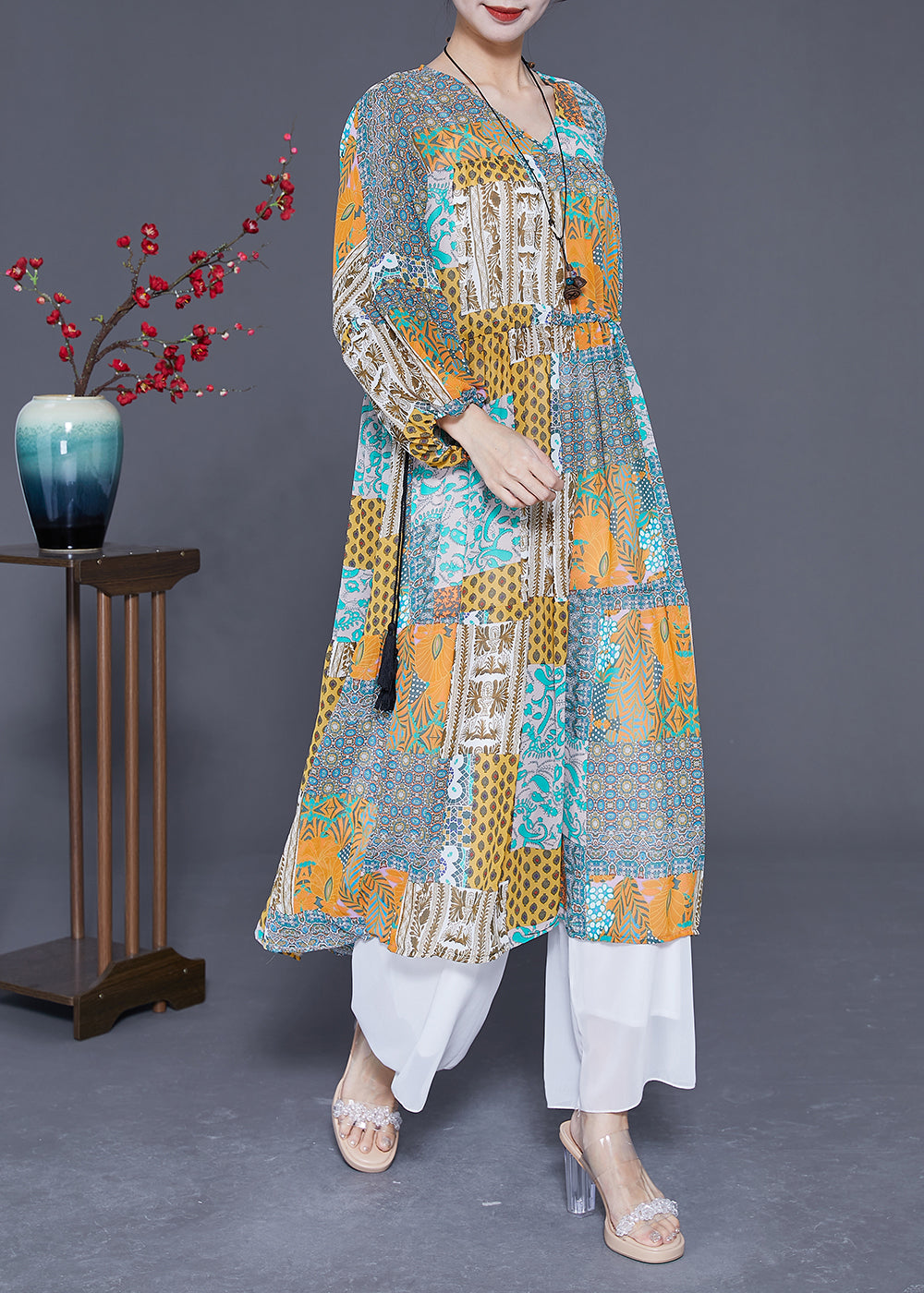 Colorblock Print Slim Fit Chiffon Maxi Dress Exra Large Hem Summer