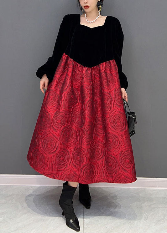Colorblock U Neck Puff Sleeve Velour Patchwork Silk Princess Dress
