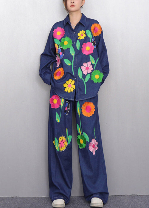 Colorful Navy Button Shirts and Pants Denim Two Pieces Set Fall