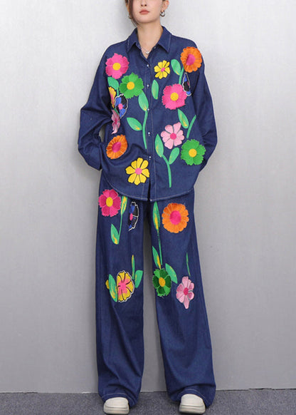 Colorful Navy Button Shirts and Pants Denim Two Pieces Set Fall