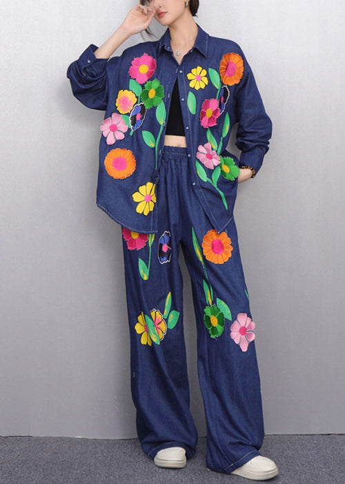 Colorful Navy Button Shirts and Pants Denim Two Pieces Set Fall