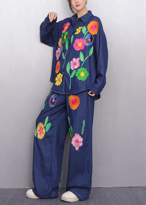Colorful Navy Button Shirts and Pants Denim Two Pieces Set Fall