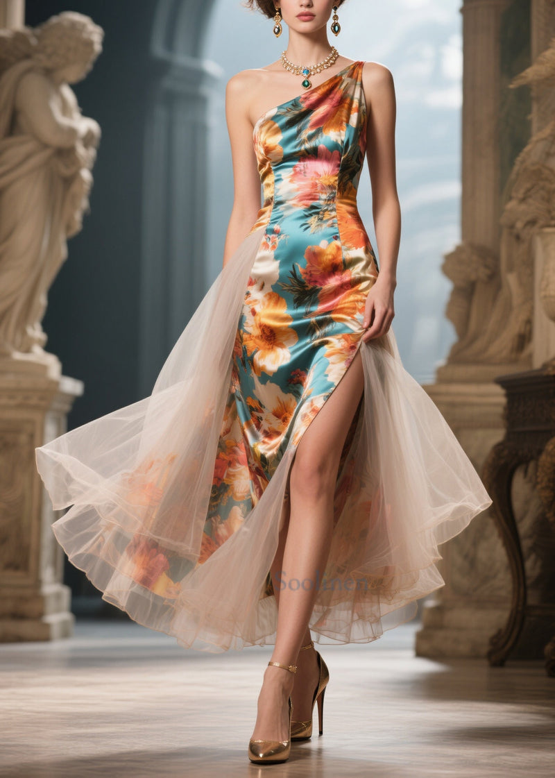 Colorful Flowers Patchwork Tulle Vestidos Dress Cold Shoulder Side Open Summer