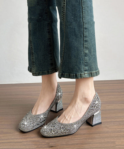 Comfortable Champagne Chunky High Heels Sparkly Faux Leather
