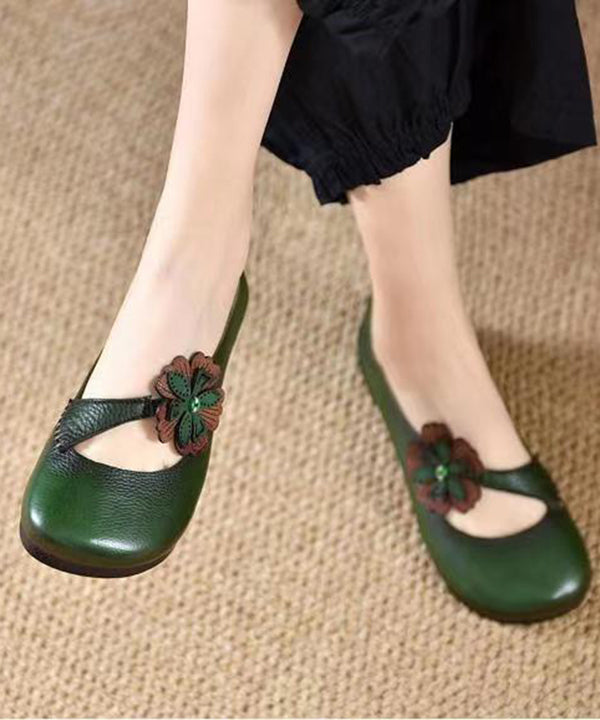 Comfortable Cowhide Leather Splicing Green Flat Shoes for