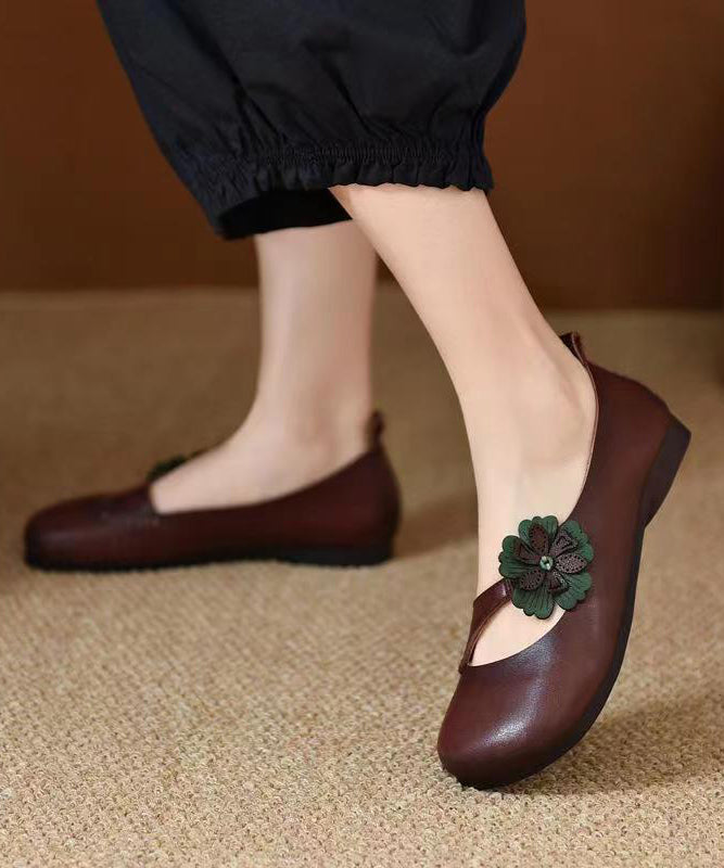 Comfortable Cowhide Leather Splicing Green Flat Shoes for