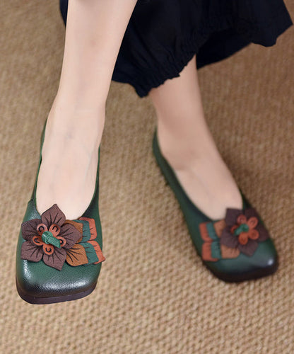 Comfortable Green Cowhide Leather Splicing Flat Shoes