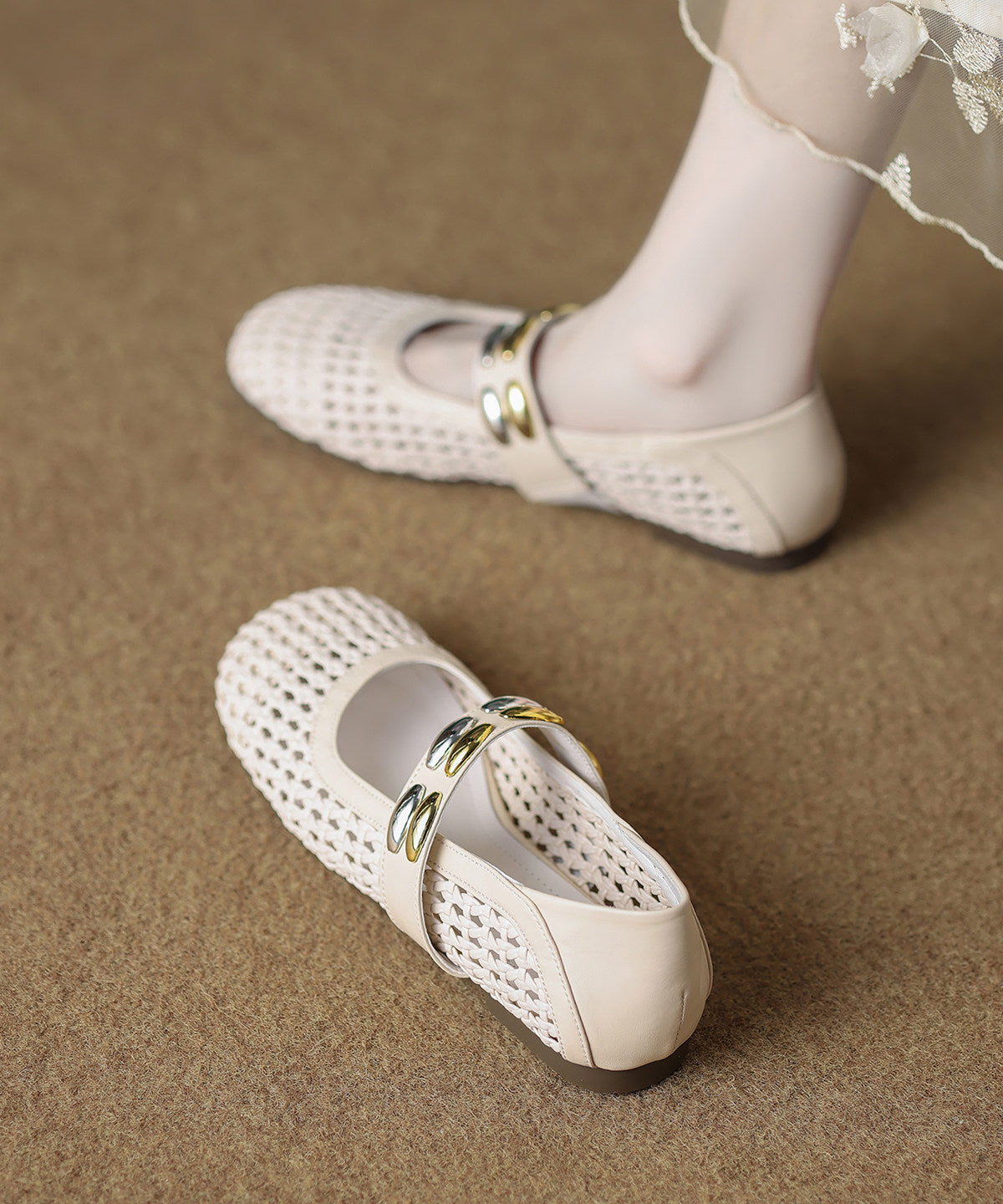 Comfortable Lace Up Flat Shoes Orange Hollow Out Knit Fabric