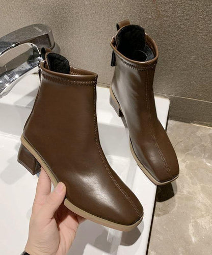 Comfortable Splicing Chunky Boots Brown Faux Leather Zippered Ankle Boots