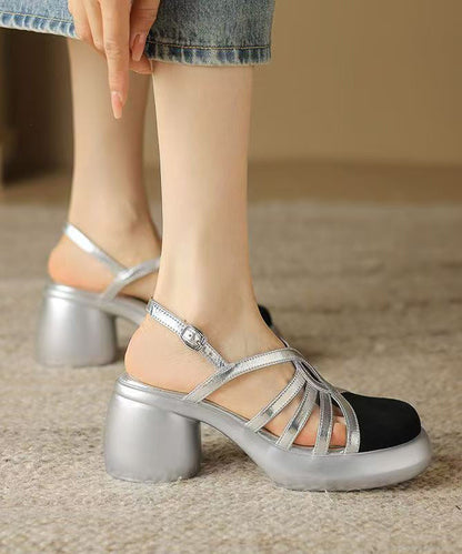 Comfortable Splicing Chunky Sandals Gold Hollow Out Cowhide Leather