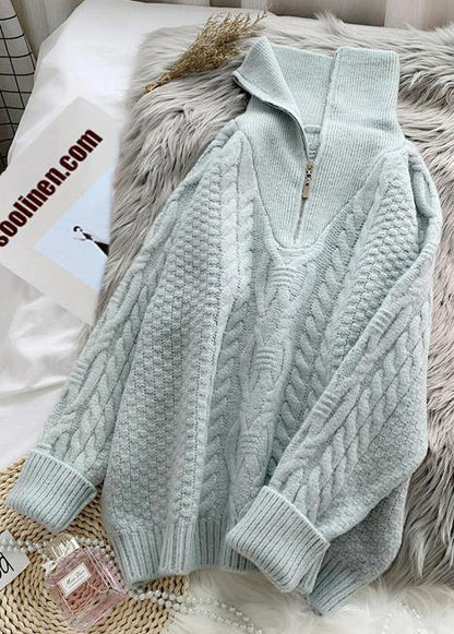 Comfy Light Green Knitted Blouse High Neck Zippered Knit Tops