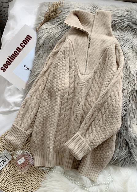 Comfy Light Green Knitted Blouse High Neck Zippered Knit Tops
