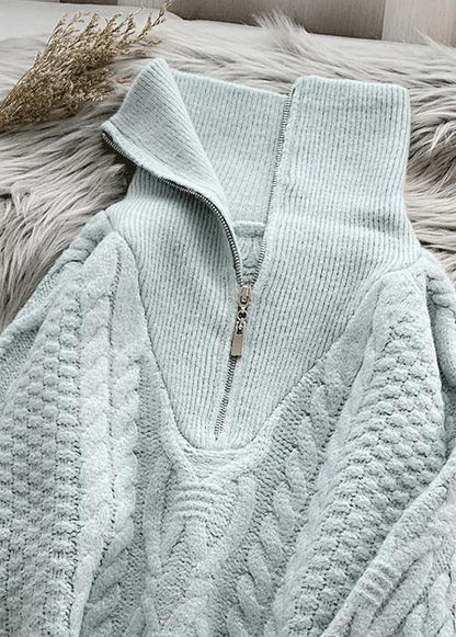 Comfy Light Green Knitted Blouse High Neck Zippered Knit Tops
