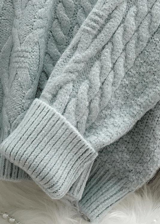 Comfy Light Green Knitted Blouse High Neck Zippered Knit Tops