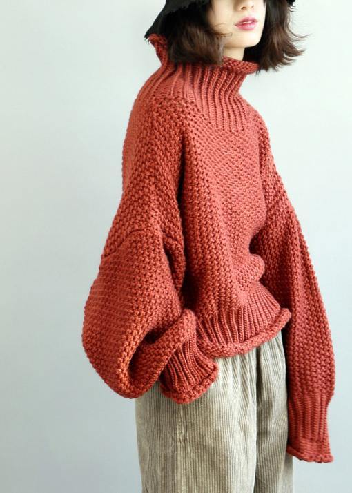 Comfy Red Knit Tops Fall High Neck Lantern Sleeve Top
