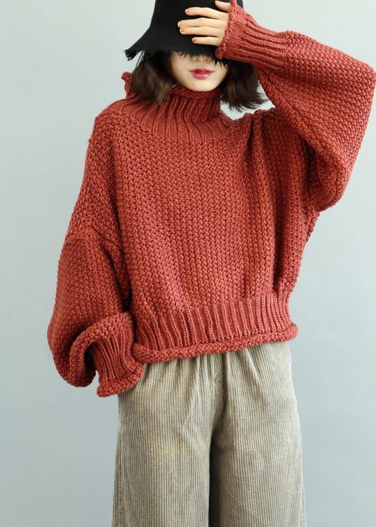 Comfy Red Knit Tops Fall High Neck Lantern Sleeve Top