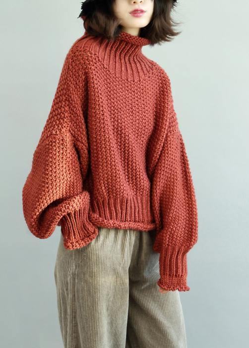 Comfy Red Knit Tops Fall High Neck Lantern Sleeve Top