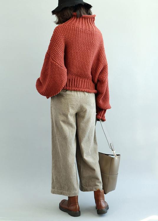 Comfy Red Knit Tops Fall High Neck Lantern Sleeve Top