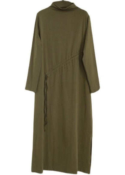 Comfy Army Green Drawstring Asymmetrical Design Side Open Dress Fall