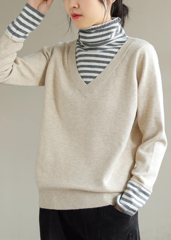 Comfy Beige Blouse Patchwork High Neck Spring Knitted Blouse