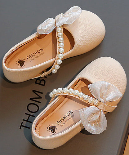 Comfy Beige Faux Leather Kids Flats Bow Nail Bead Buckle Strap