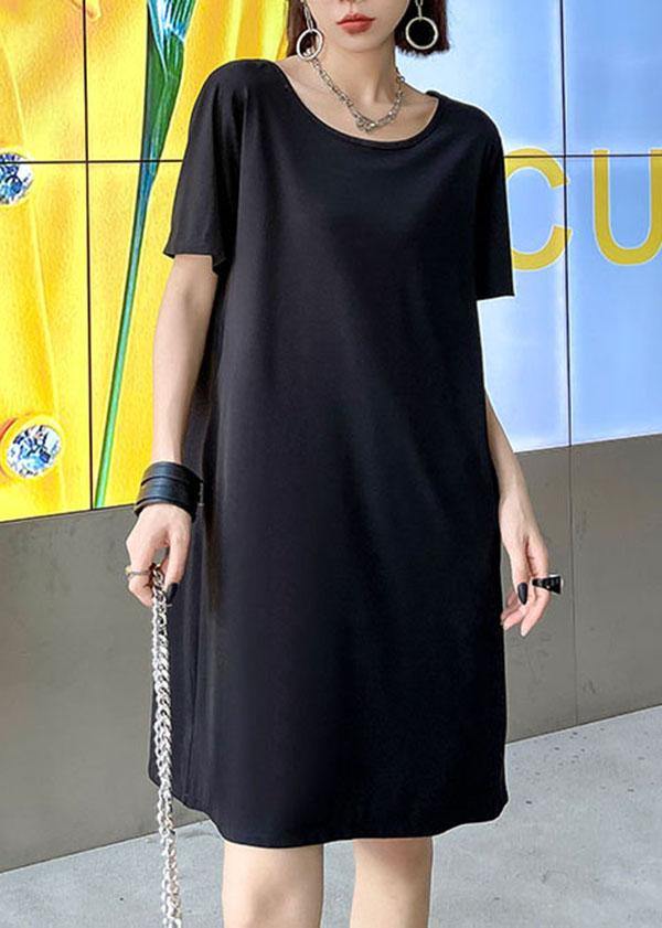 Comfy Black Backless U Neck Maxi Dresses Short Sleeve Cotton