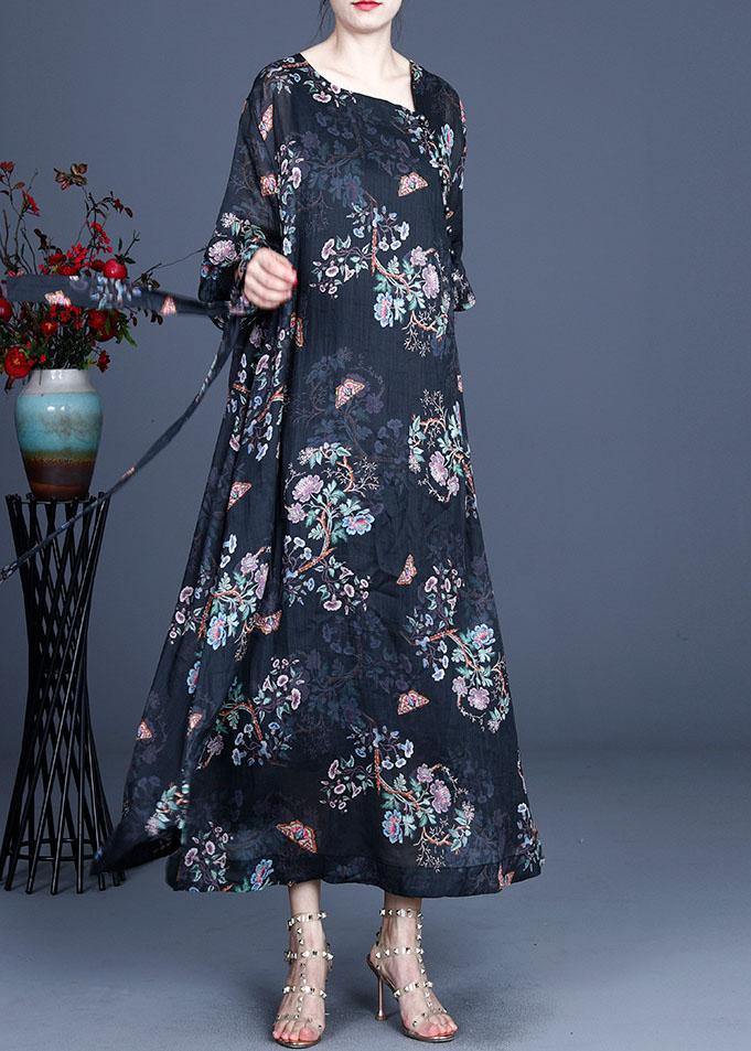 Comfy Black Retro Print Oriental Summer Chiffon Summer Dress